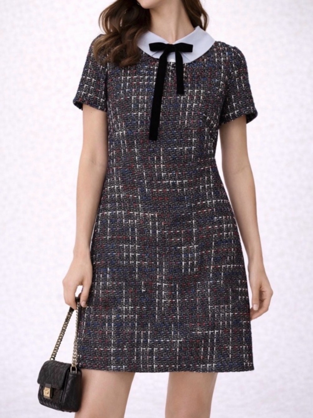 1901 Tweed Midi Dress with Black Velvet Bow and Light Blue Collar (Size 12)
